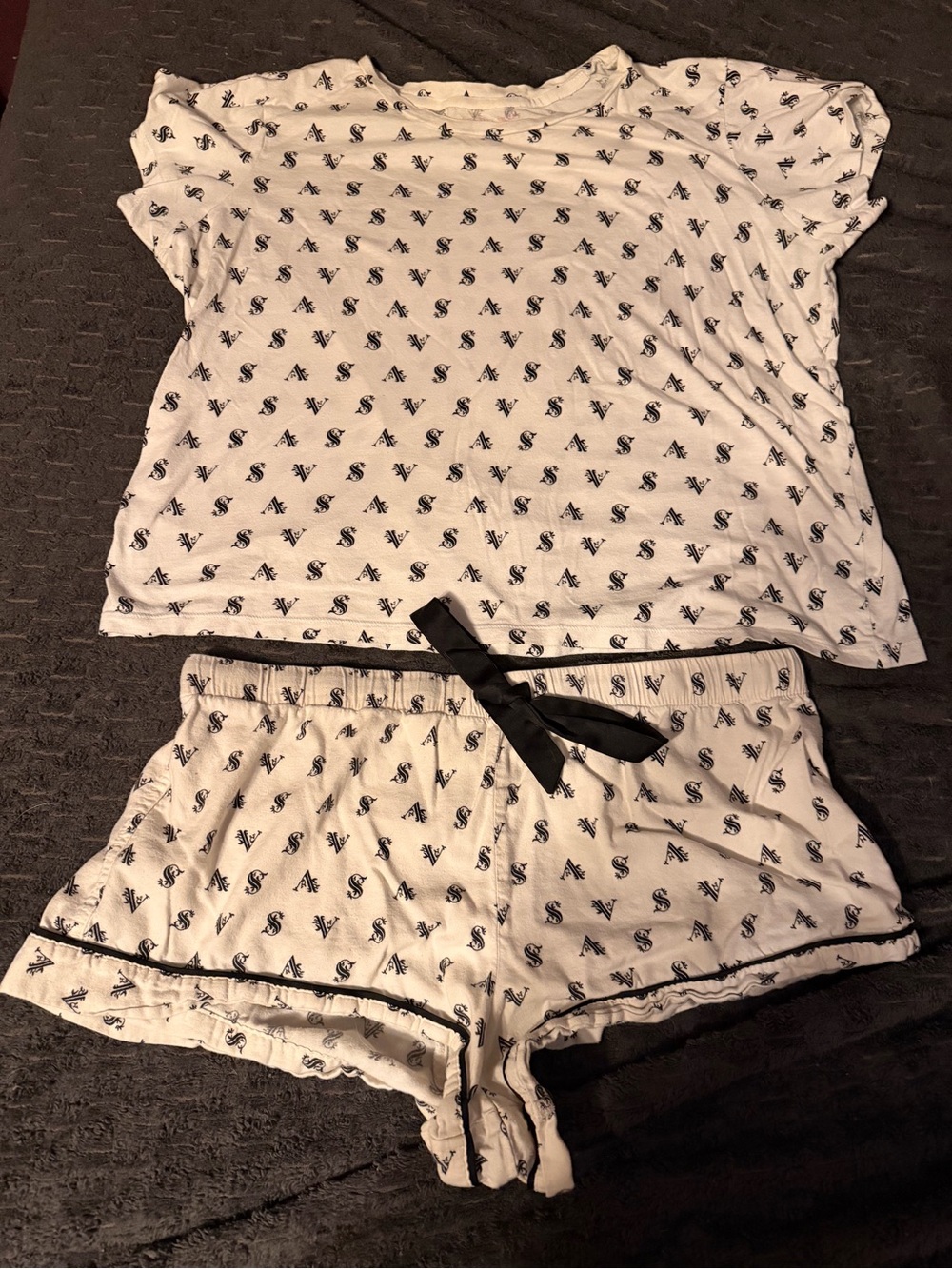 Victoria's Secret White Short Sleeve Printed Pajama Set with Black Trim